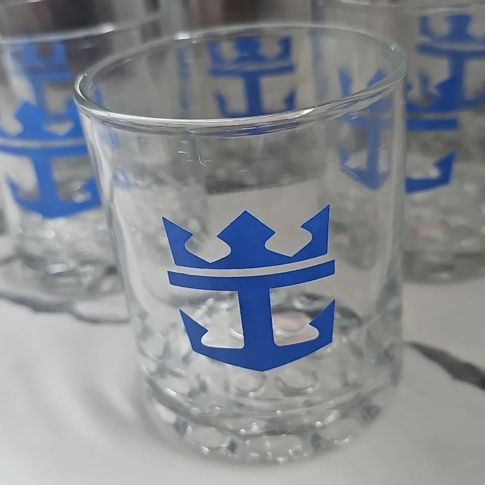 Royal Caribbean Cruise Blue Anchor Whiskey Low Ball Glasses Hobnail Bottom